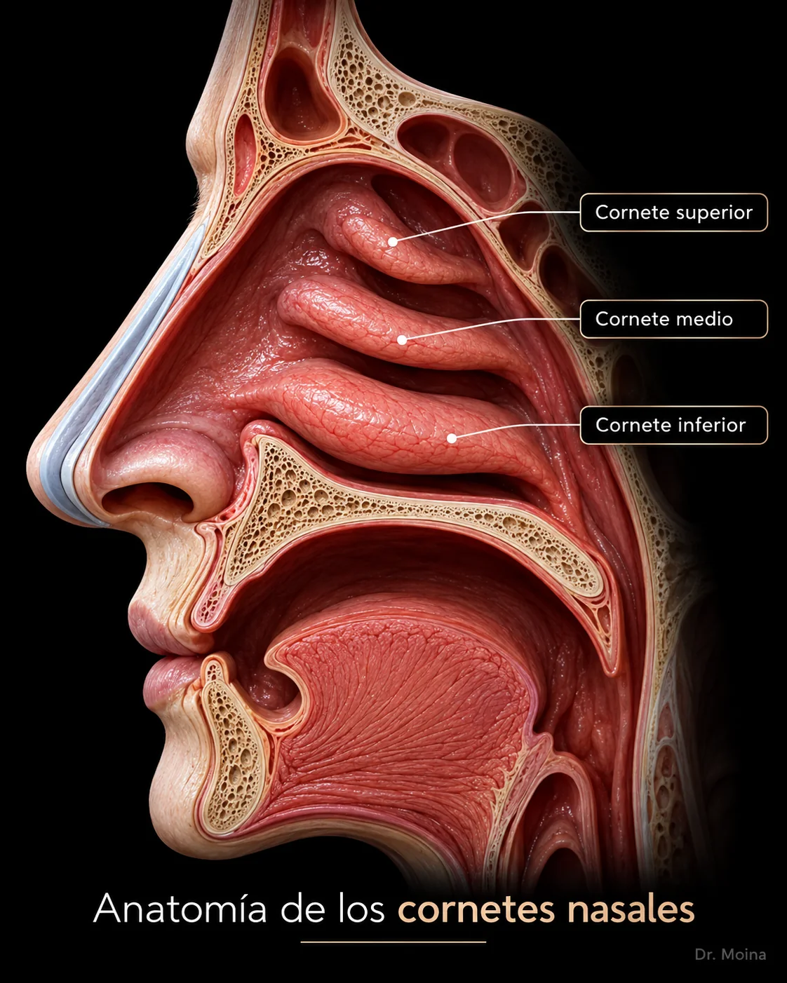 Anatomía de los cornetes nasales: cornete superior, medio e inferior