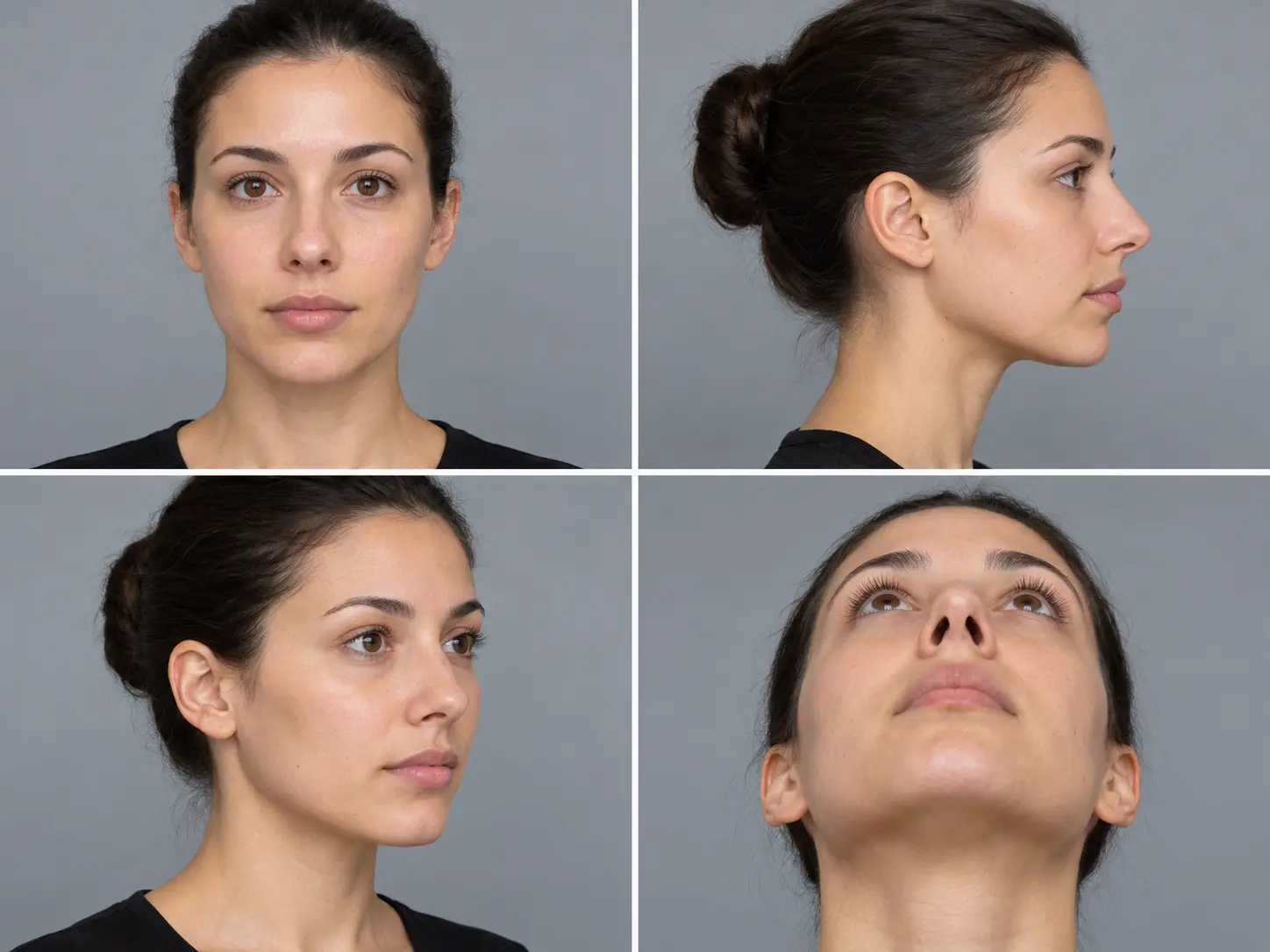 Ejemplo ilustrativo de cuatro fotografías de evaluación nasal: frente, perfil, tres cuartos y base nasal