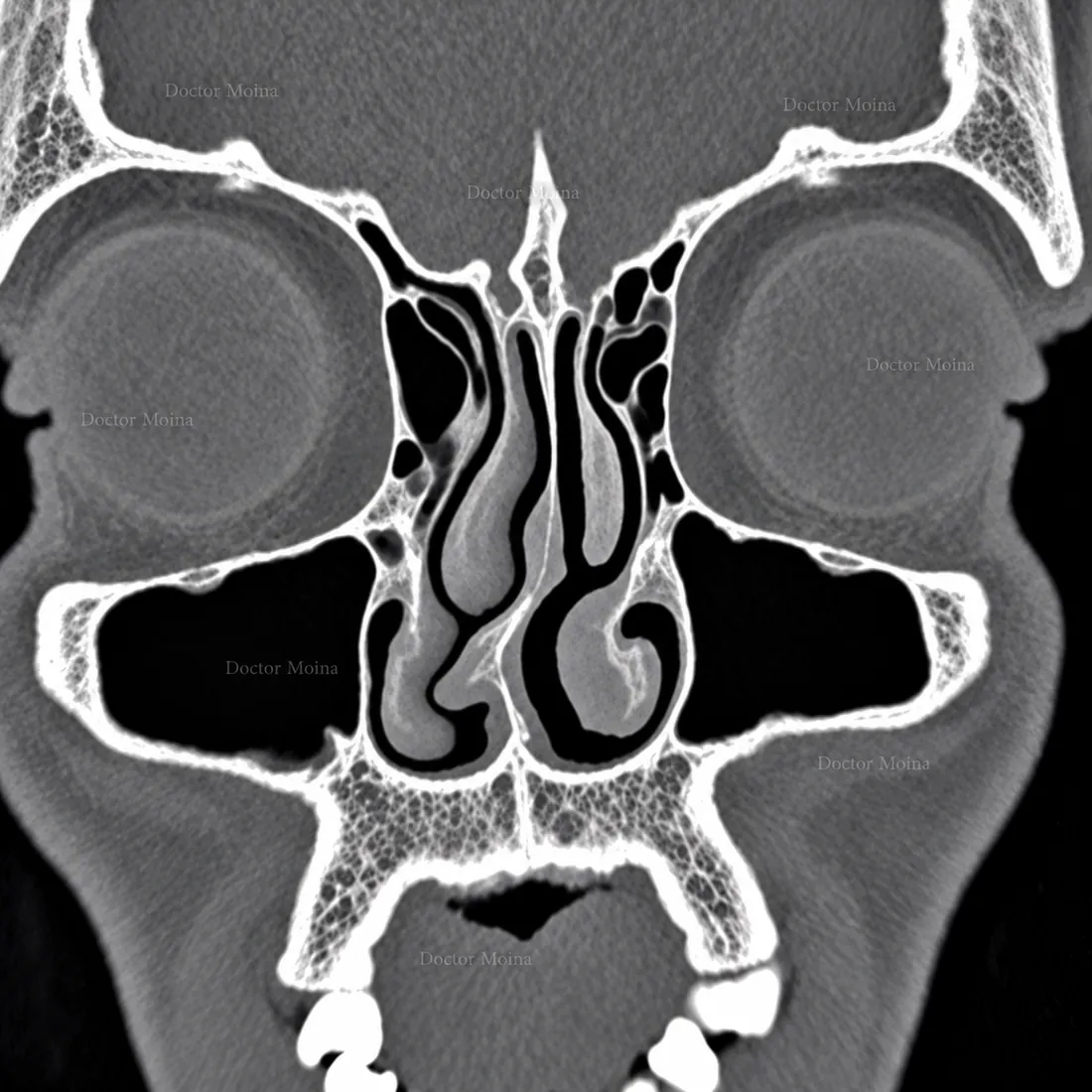Recreación de tomografía coronal con espolón septal en contacto con cornete inferior — choque turbinoseptal Dr. Moina