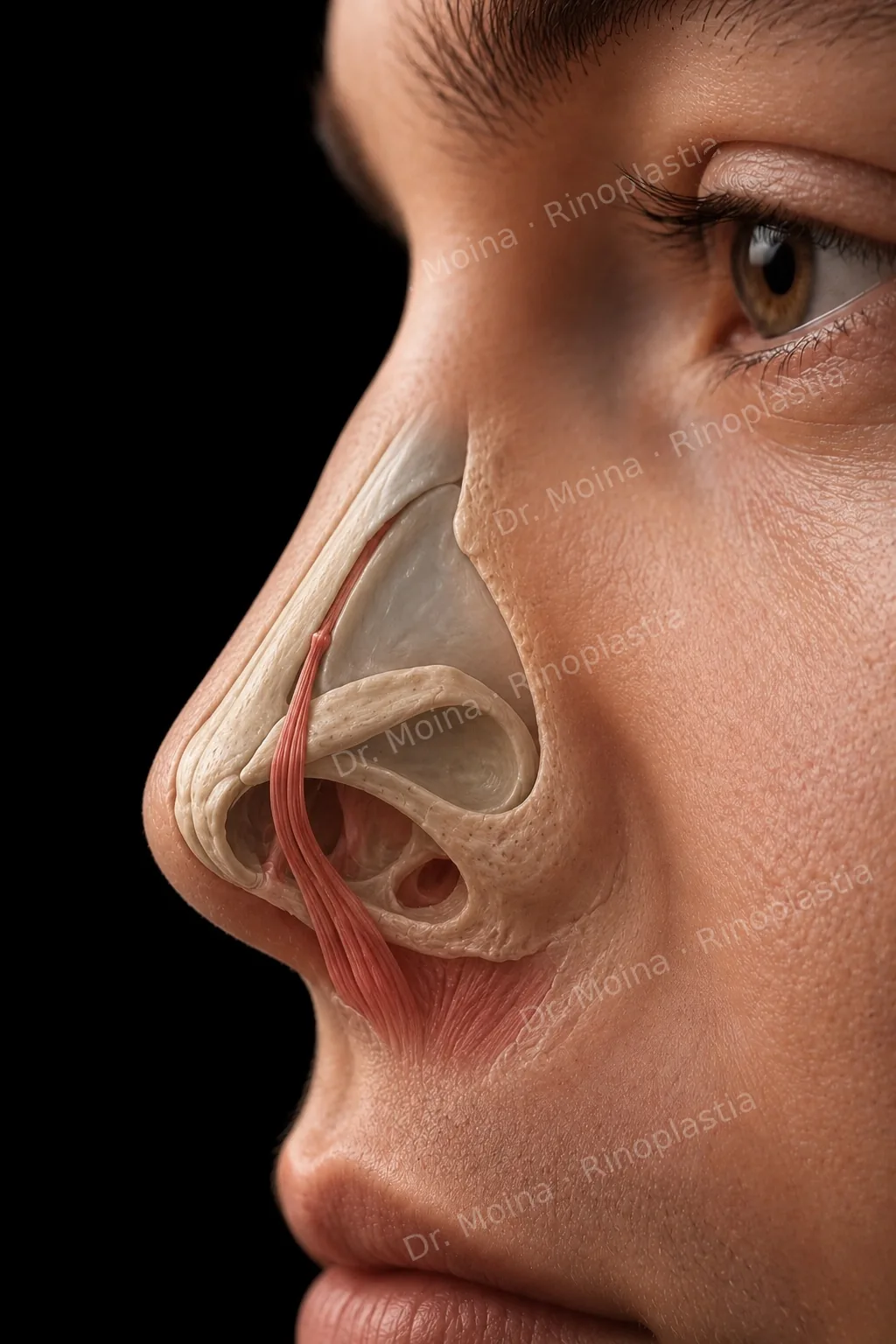 Músculo depresor de la punta nasal en ilustración anatómica para rinoplastia - Dr. Moina