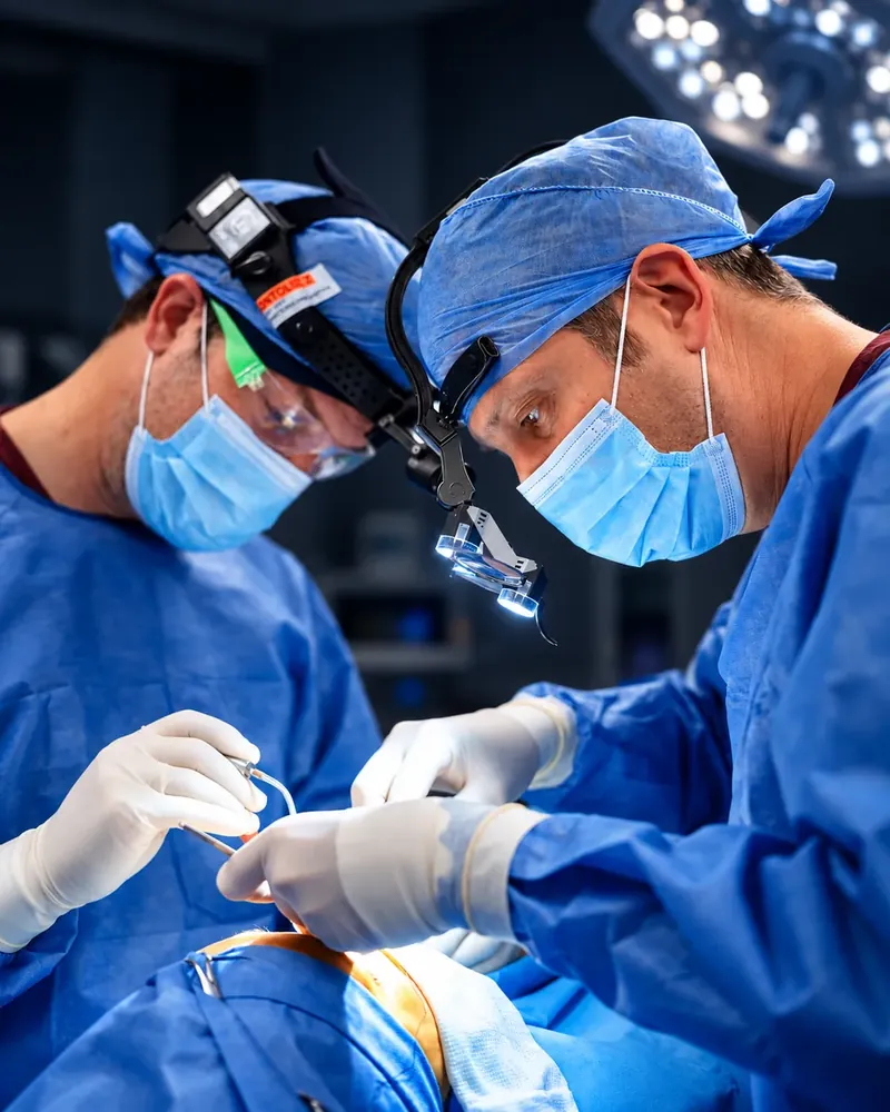 Dres. Daniel y Gabriel Moina durante una cirugía de rinoplastia funcional y ultrasónica